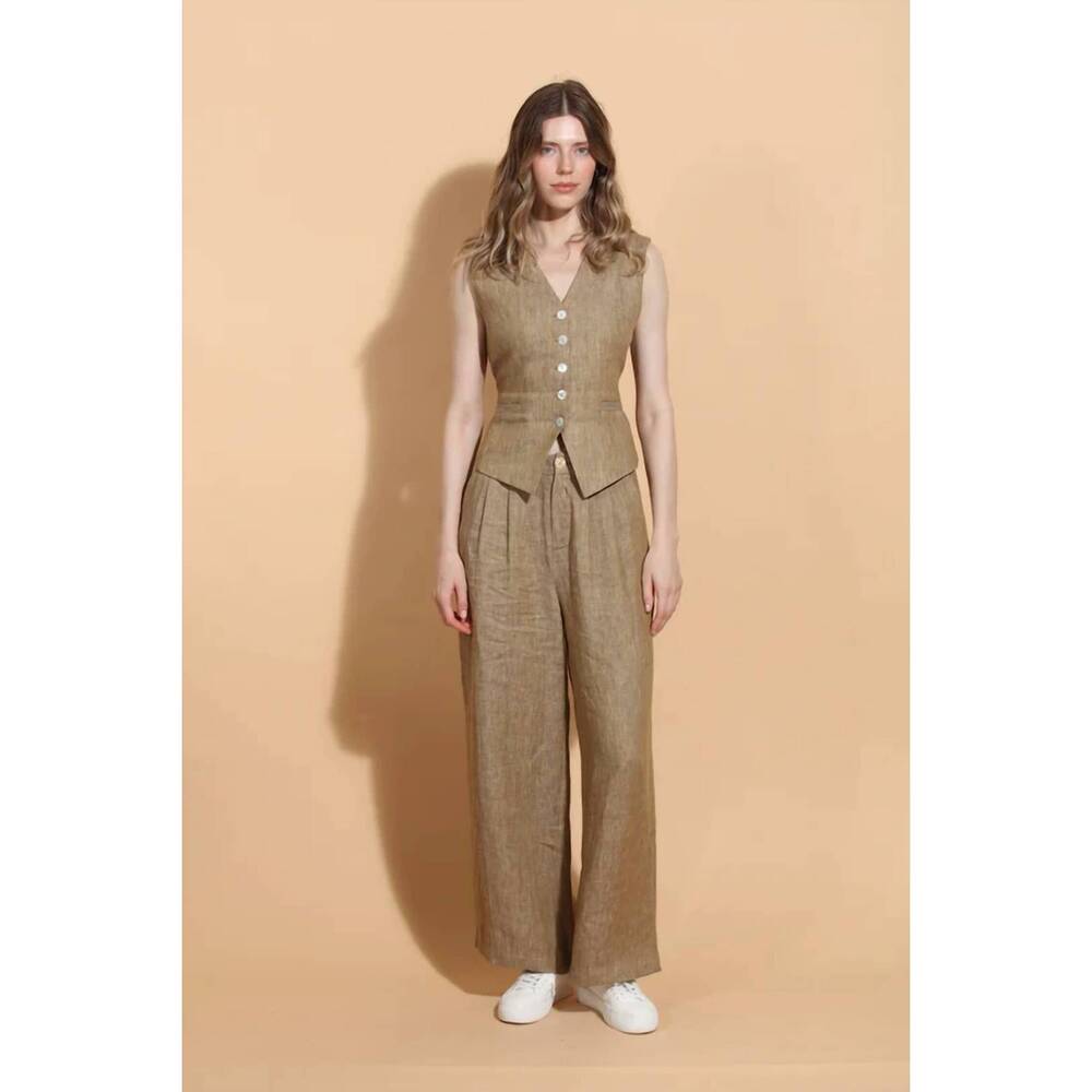 NEW JESSIE LIU linen twill wide leg pants in ecru - Picture 3 of 6